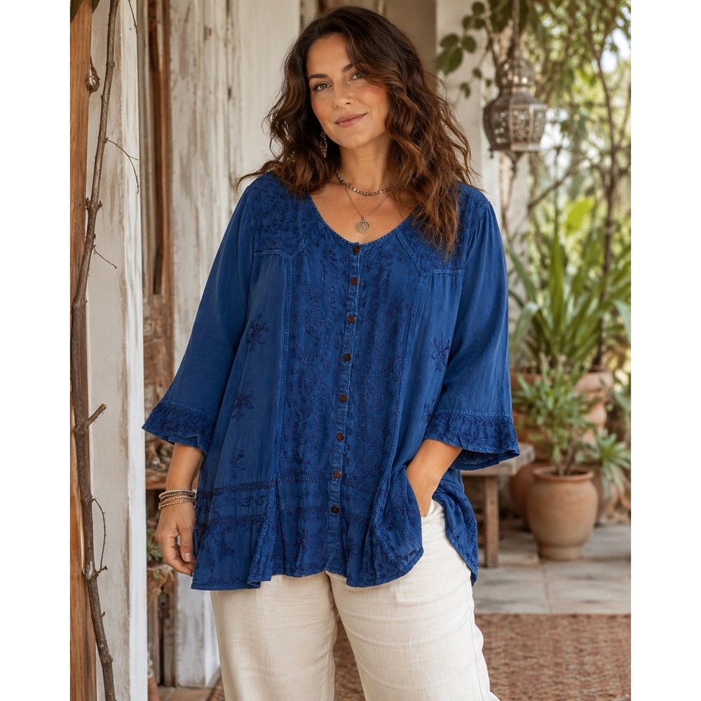 Catherines Indigo Blue Embroidered Button-Front Tunic